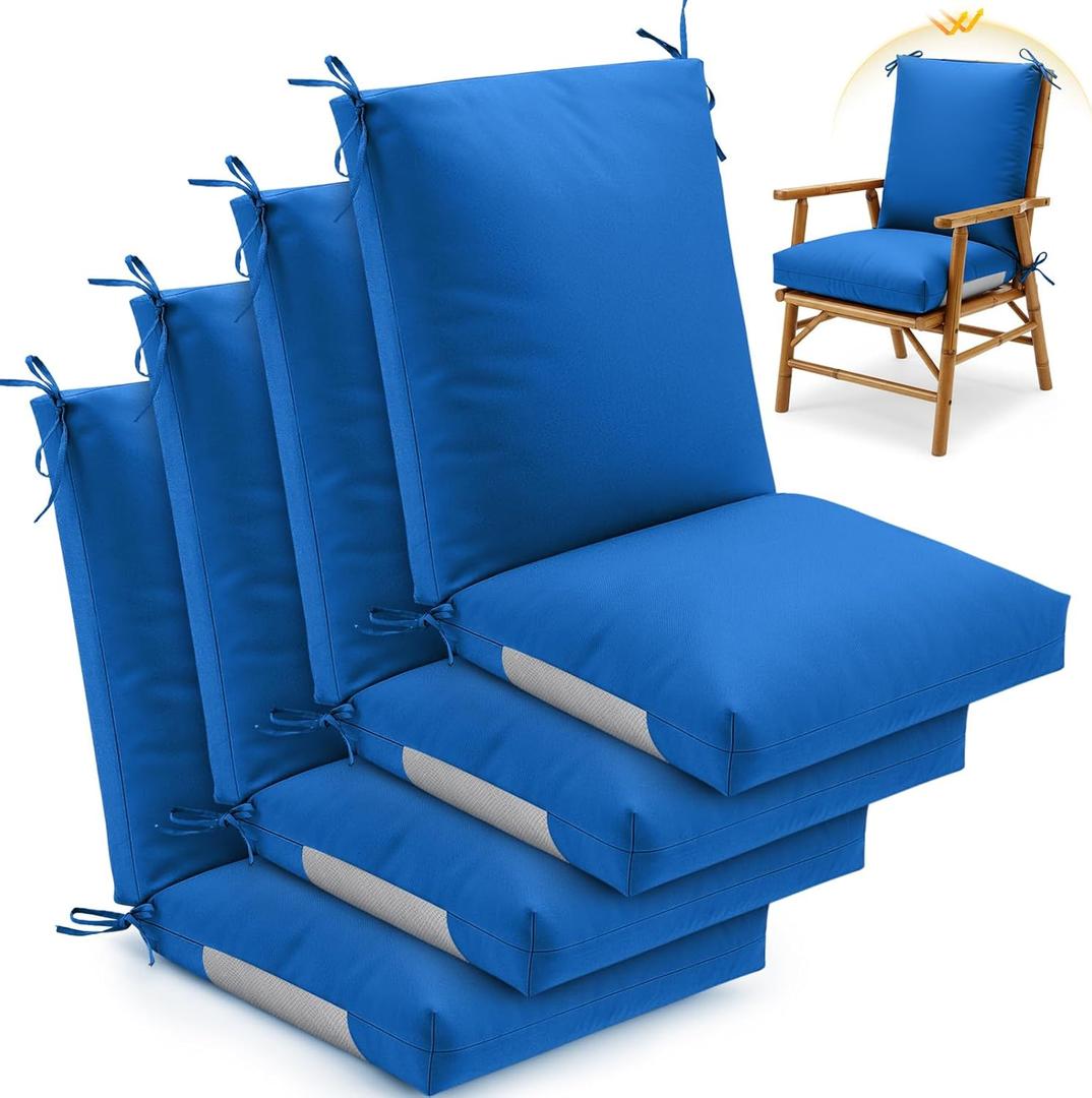 Geelin 4 Pack High Back Patio Chair Cushions for Outdoor, 44 x 21 x 5 Inch Tufted Seat and Back Pads with Ties, Thick Weather Resistant Cushions for Outdoor Furniture (Blue)