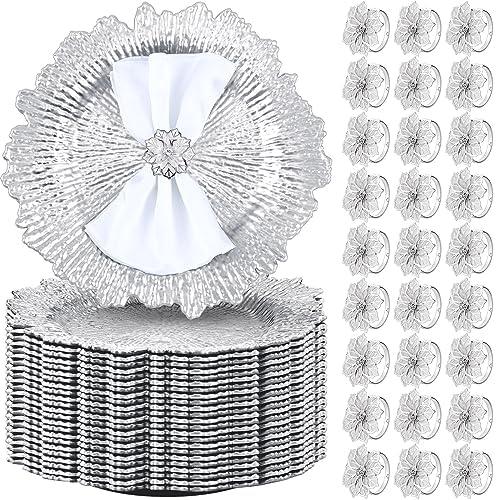 Dandat 50 Set Charger Plate with Napkin Ring 13 in Round Matte Reef Dinner Charger Hollow out Flower Napkin Holder Plastic Plate for Table Setting Wedding(Silver)