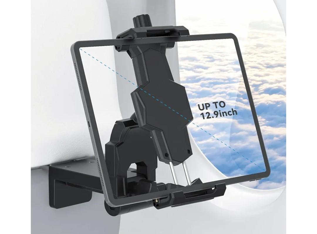 KDD Airplane Tablet Holder Mount, Adjustable Travel Essentials iPad Phone Stand with 360 Degree Rotation, Portable Tesla Model 3/Y Car Headrest Mount Compatible with iPad, Cell Phone