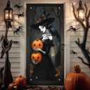 3 x Skeleton Witch Holding Pumpkins Door Cover Halloween Decorations 35x71 Inch Gothic Haunted House Banner for Scary Party Indoor Wall Backdrop
