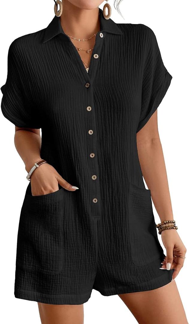 Bsubseach Womens Rompers For Summer 2025 Shorts Jumpsuit Short Sleeve Button Down Romper With Pockets Beach Vacation Outfits, Size S