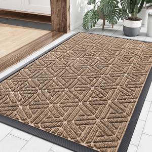 Smiry Front Door Mat Outside Entrance, Heavy Duty Sturdy Natural Rubber Doormat, Trap Dirt and Moisture, Easy Clean Low Profile Mats for Indoor Outdoor Entry, Grid Geometric (35x23, Coffee)