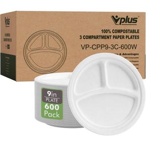Vplus 100% Compostable Paper Plates, 600 Pack 9 Inch 3 Compartment Plates Disposable, Heavy Duty Biodegradable, Made of Sugar Cane Fibers, for Daily meals, Dinner, Parties, BBQ