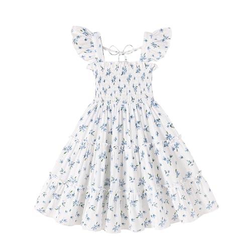 YOUNGER TREE Toddler Girl Dress Kids Sleeveless Ruffle Dresses for Girls Summer Outfits Beach Sundress(White with Blue Ditsy Flowers,3-4T)