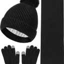 Wandx Kids Winter Hat Gloves Scarf Set Children Pompom Knit Beanie Warm Gloves with Thick Fleece for Boys Girls Ages 4-12 (Black)