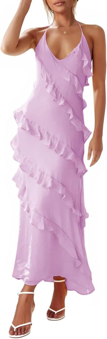 Wenrine Womens Sexy Chiffon Halter Maxi Dress Sleeveless Backless Ruffle Tassel Party Club Dresses, L