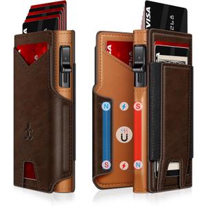 Wallet for Men Wallet with Slim Pop Up Card Holder 9-13 Cards, Bifold Minimalist Smart Wallet RFID Blocking Credit Card Holder with ID Window & Stretchable Cash Slot Compact Metal Aluminum Card Case (Coffee + Brown)