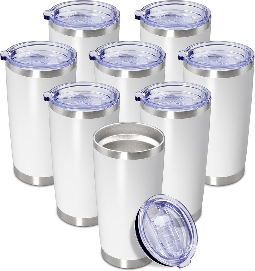 20 oz Tumbler Coffee Travel Tumblers Bulk with Lid Stainless Steel Double Wall Vacuum Insulated Mug Powder Coated Cups fit Car Cupholder for Hot and Cold - White, 7 Pack