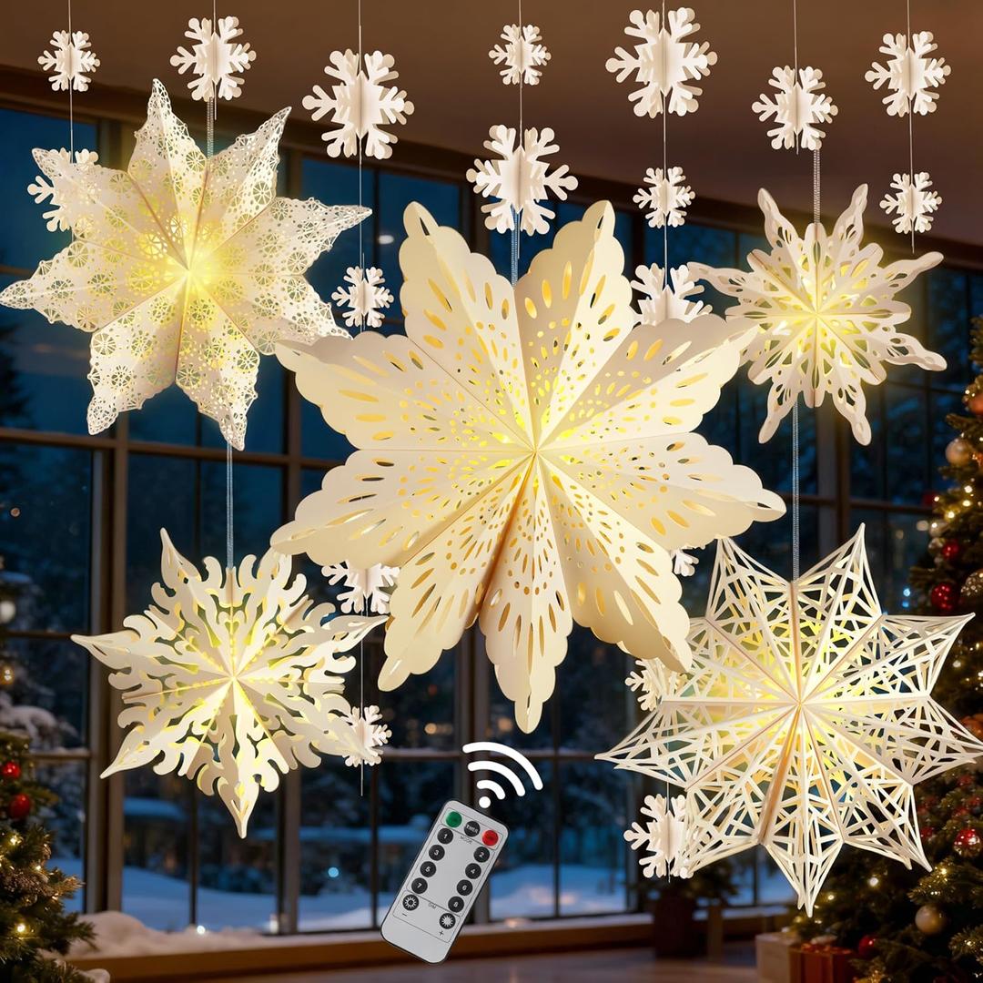 12 Pcs Christmas Paper Snowflake Lanterns, 3D Christmas Paper Star Lanterns with LED Lights, 10/12 Inch White Hanging Snowflake Lamps for Xmas Winter Frozen Weddings New Year Party Decorations