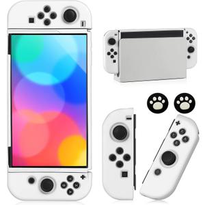 Switch OLED Case for Nintendo Switch OLED Model, Dockable Cover Soft TPU Protector Case for Switch OLED Grips & Console and Accessories with 2 Pcs Thumb Caps, White