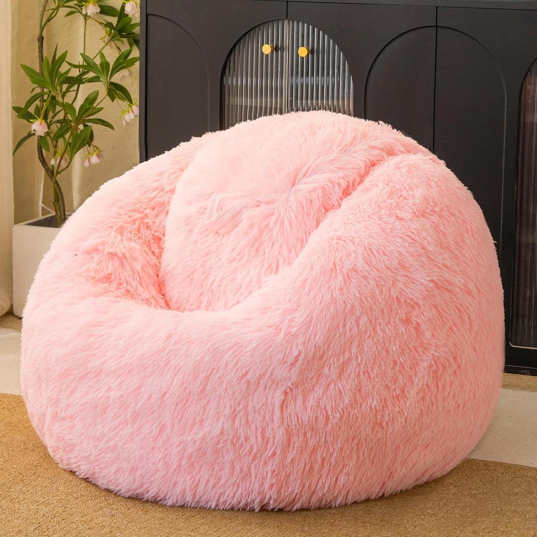 Pink fluffy bean bag chair covers (No Filler), comfy Plush Pink bean bag chair Cover for bedroom, stuffed animal Storage, kids adults teens girls bean bag chairs, Anti-Slip