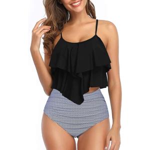 Womens Tankini Swimsuits Ruffled Tank Top Tummy Control Floral Modest Swimwear High Waisted Bikini, Black with Stars, M