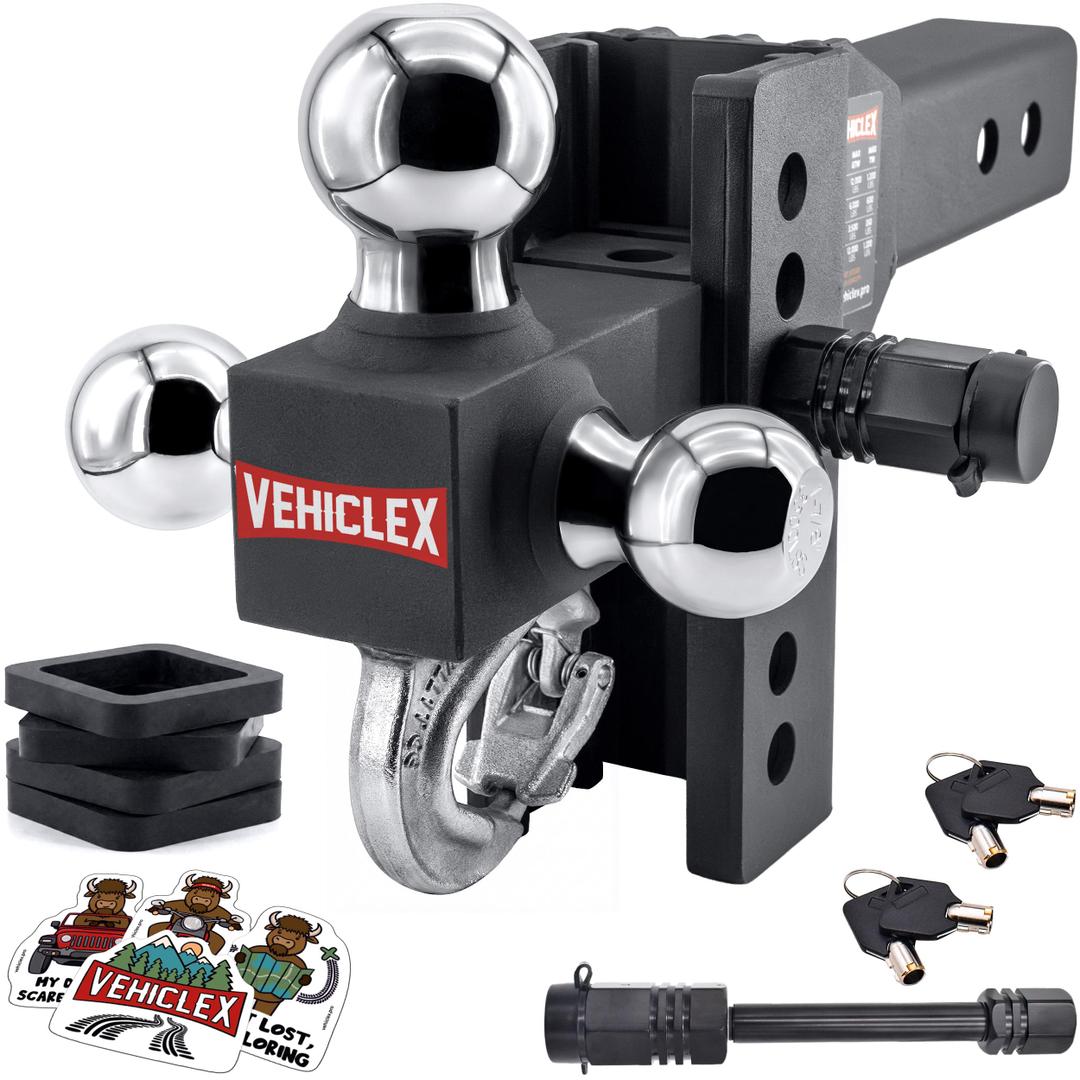 Vehiclex 8" Adjustable Drop Hitch for 2.5" Receiver, Tri-Ball & Tow Hook