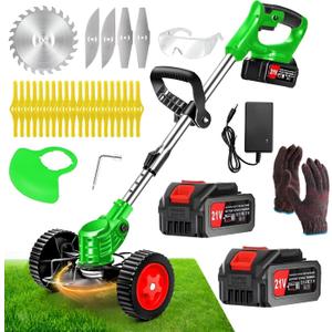 Cordless Weed Wacker with 2 Batteries, Lightweight 21V Weed Trimmer with Wheels, Electric Grass Trimmer, Adjustable Shaft Lawn Tool for Small Yard Tight Spaces