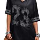 WDIRARA Women's Rhinestone Jersey Shirts Number Graphic V Neck Half Sleeve Loose Tops Streetwear (Large, Black)