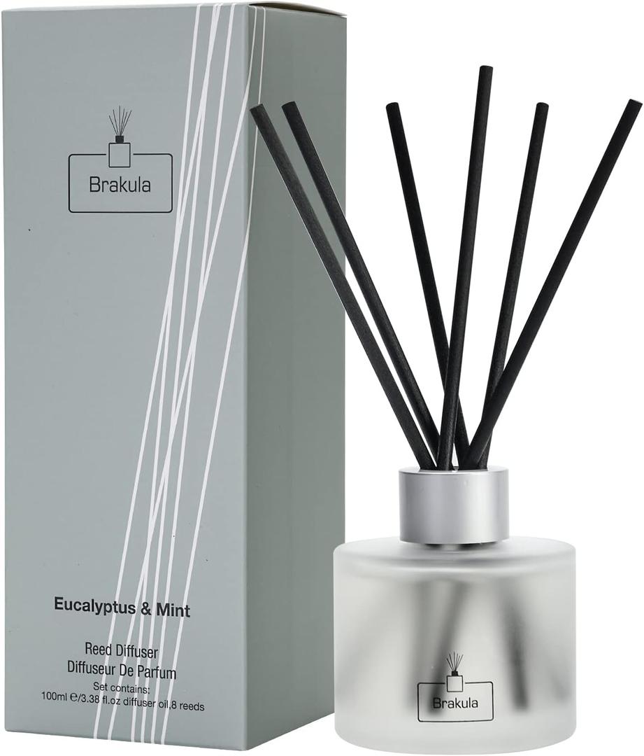 Brakula Eucalyptus & Mint Reed Diffuser Set, Home Fragrance Oil Diffuser with 8 Sticks for Room Decor, 3.4 oz/100 ml