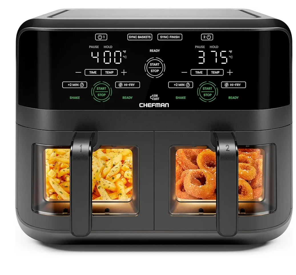Chefman 6 Quart Dual Basket Air Fryer - Digital Touchscreen, Smart Sync Finish, Hi-Fry, Auto Shutoff, 2 Independent 3QT Nonstick Dishwasher-Safe Frying Baskets - Digital Double Air Fryer - Black Chefman 6 Quart Dual Basket Air Fryer - Digital Touchscreen, Smart Sync Finish, Hi-Fry, Auto Shutoff, 2 Independent 3QT Nonstick Dishwasher-Safe Frying Baskets - Digital Double Air Fryer - Black