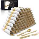 Prestee 50 Pre-Rolled Gold Silverware Set - 200-Piece Disposable Utensils with Napkins - Elegant Cutlery for Weddings, Parties and Events - Includes Forks, Knives and Spoons