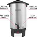 BLACK+DECKER 40 Cup Coffee Urn, Fast Brewing, Aluminum, Keep Warm Function, Heat Resistant Handles, Indicator Light