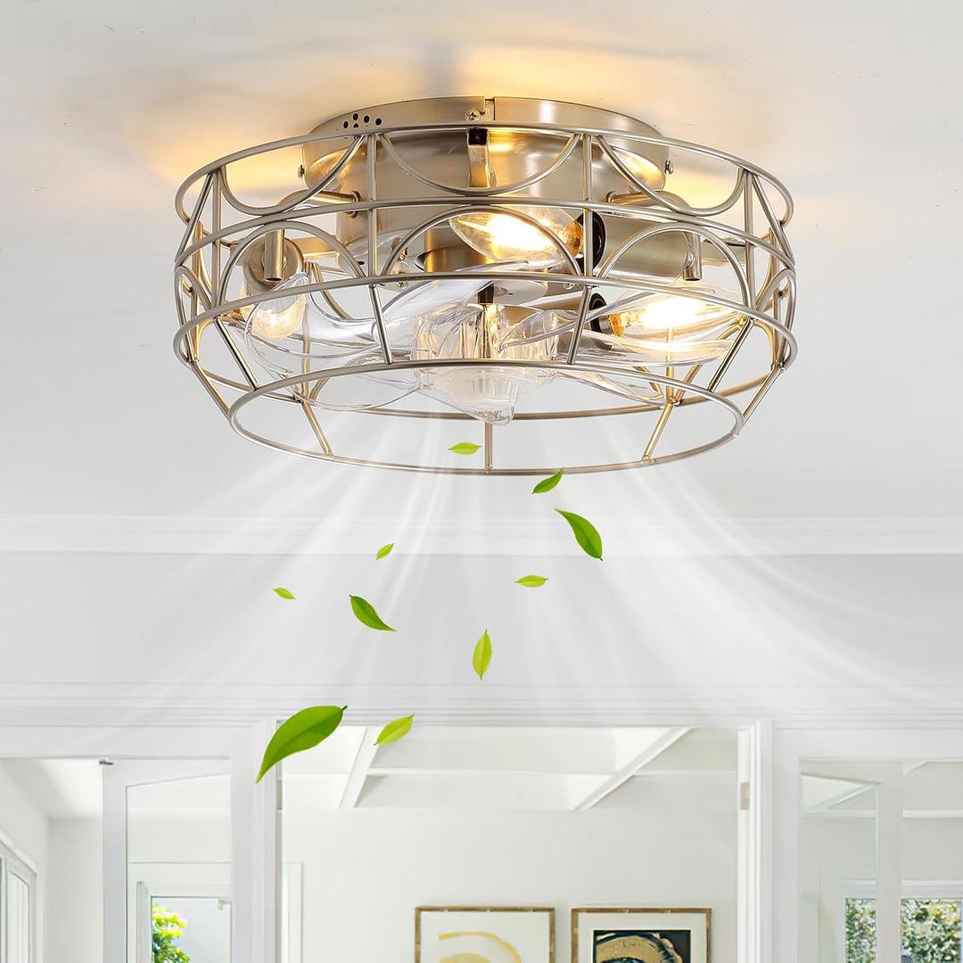 Brushed Nickel Caged Ceiling Fans with Lights and Remote,6 Speeds,12 inch Industrial Flush Mount Ceiling Fan with Light, Modern Bladeless Fan Lights Ceiling Fixtures for Kitchen, Bedroom,Indoor