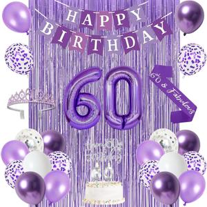 Trgowaul 60th Birthday Decorations for Women, Banner, Sash and Crown, Cake Topper, 60 Number Balloon, Fringe Curtains, Purple 60th Birthday Party Supplies
