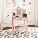 UTEX Kids Vanity Set with Mirror and Stool, Kids Make Up Vanity Desk with Mirrror for Little Girls, Children Makeup Dressing Table with Drawer, Pink