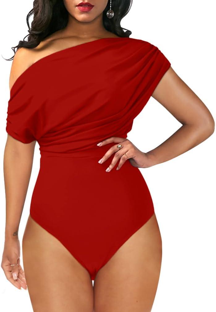 YMDUCH Women's Sexy Off Shoulder Sleeveless Bodycon One Piece Bodysuit Top (Medium, Red)
