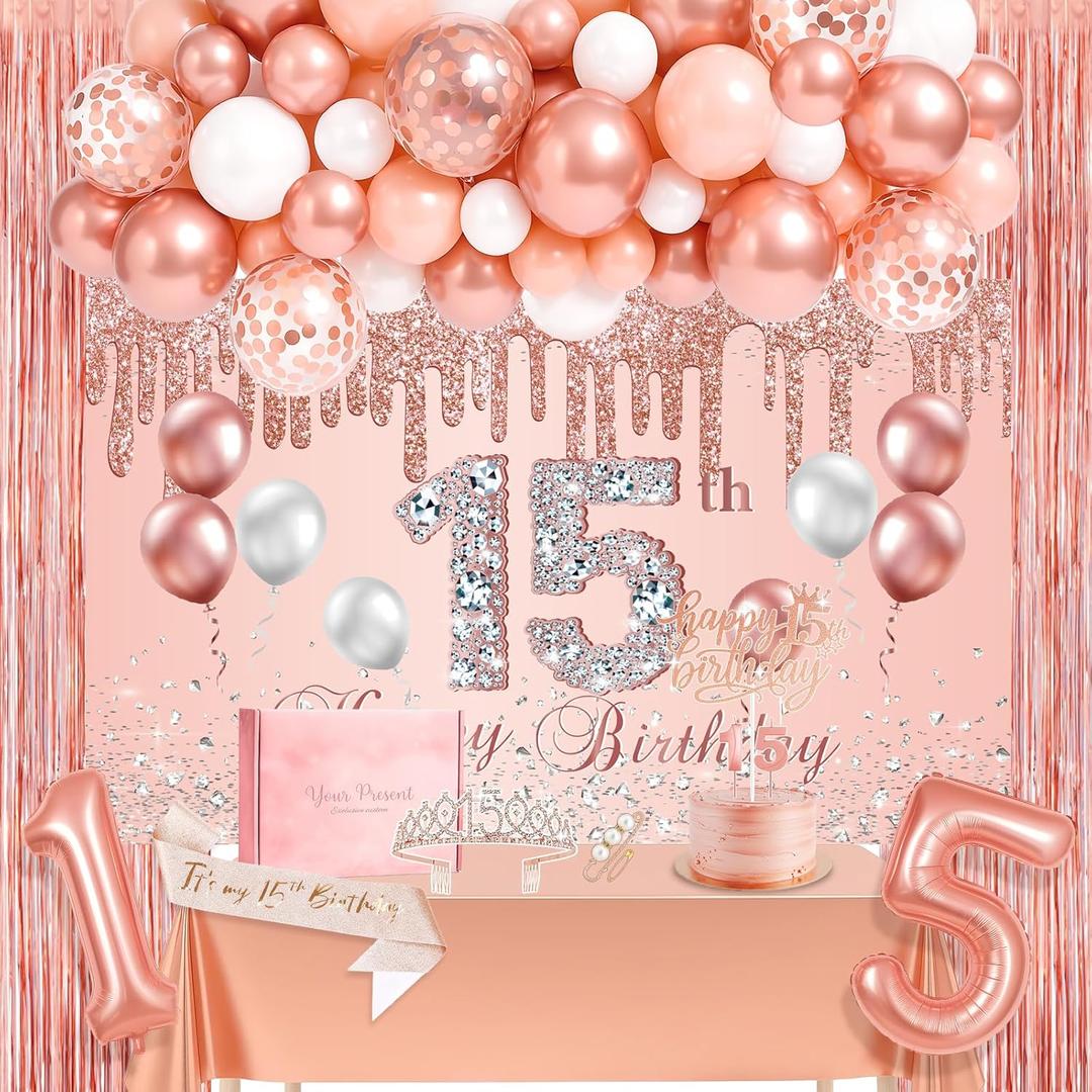15th Birthday Decorations for Girls Rose Gold 15th Birthday Banner It's 15th Birthday Sash and Tiara Pink Gold 15th Balloons Tablecloth Cake Topper for Happy 15 years old Party Decor