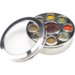 Stainless Steel Indian Spice Masala Box Dabba with See Through Lid with 9 Spice Organizer Containers Box | 8.5 Diameter (Design1) Stainless Steel Indian Spice Masala Box Dabba with See Through Lid with 9 Spice Organizer Containers Box | 8.5 Diameter (Design1)