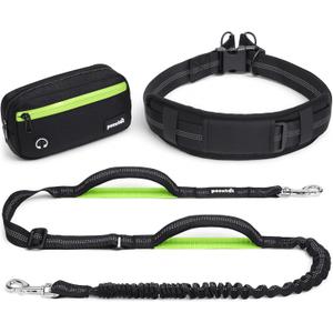 Pecute Hands Free Dog Leash for Running, Waist Belt with Detachable Pouch, Shock Absorbing Bungee, No Pull Dual Handles for Small Medium Dogs 11-33 lbs