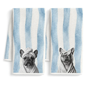 Funny French Bulldog Hand Towels for Bathroom, Gifts for French Bulldog Lovers, Blue Striped Frenchie Dog Decorative Hand Towels for Bathroom Yoga Spa Gym Restroom, 16x24 Inch Set of 2