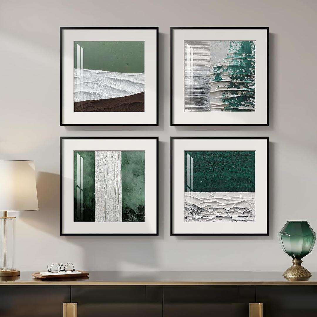 4 Piece Framed Modern Green and White Wall Art, Abstract Minimalist Canvas Artwork Decor, Contemporary Line Pictures Prints Painting for Hallway Bathroom Bedroom Living Room 12x12 Inch