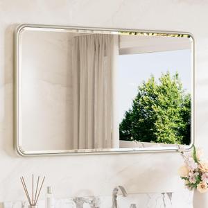 TETOTE Brushed Nickel Vanity Mirror for Bathroom 40 x 24 Beveled Edge Tempered Glass, Rounded Corner Rectangle Wall Mirror for Modern Bathroom, Living Room, Bedroom, Entryway