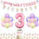Jollyboom Wildflower 3rd Birthday Party Decorations, Young Wild and Three Decorations Banner Garland Cake Cupcake Toppers Number 3 Foil Balloons for 3 Year Old Girl Flower Floral Daisy Party