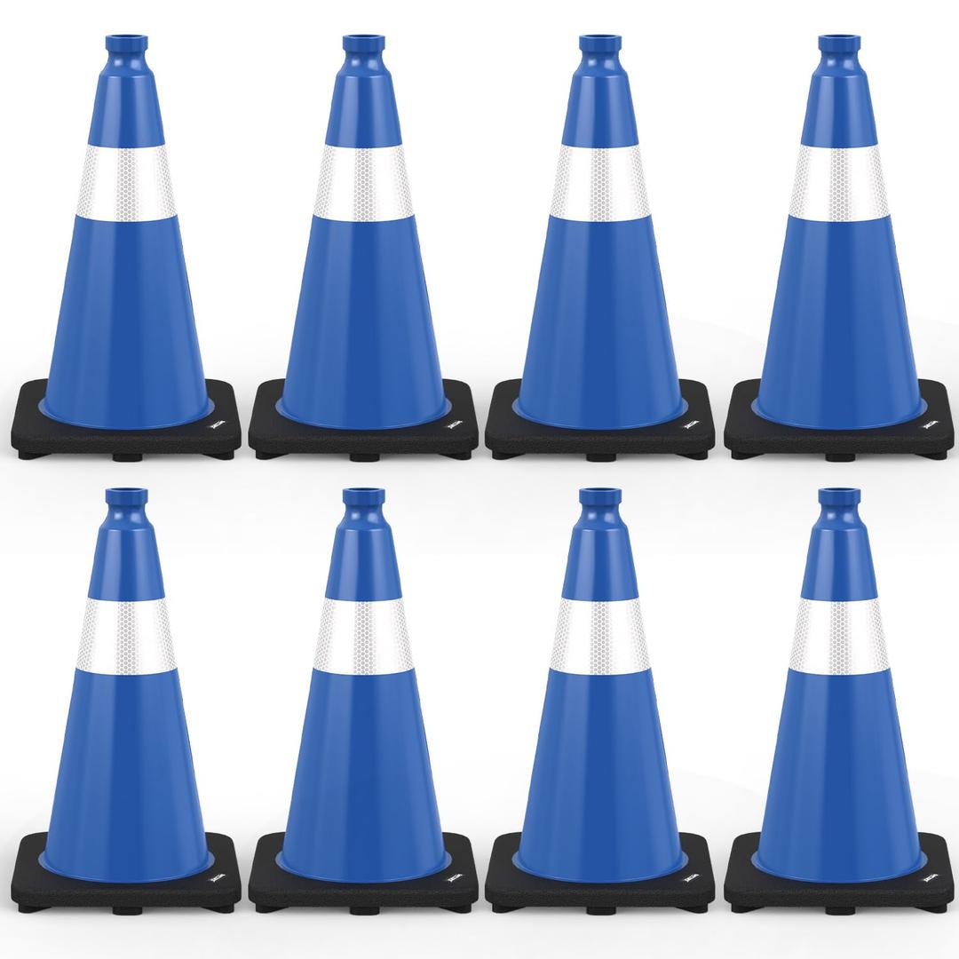 BATTIFE 8 Pack 18 Inch Traffic Cones, PVC Blue Cone, Black Weighted Base