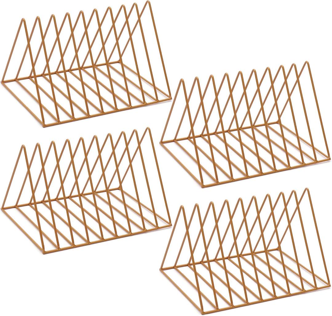 4 Pack Triangle File Storage Holder Racks Iron Desktop Magazine Organizer Metal Newspapers Folders for Office Table Desk Bookshelf Home Decoration, Golden
