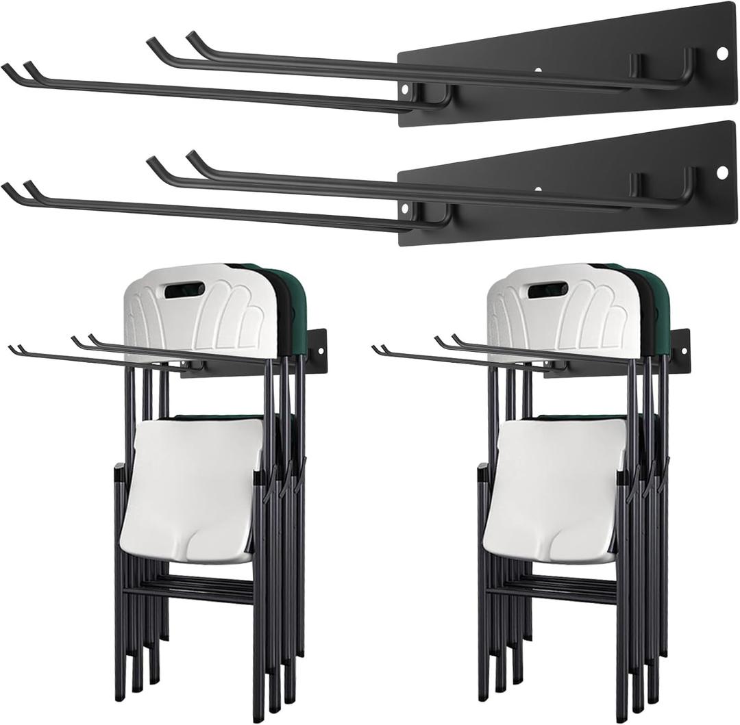 2 Pcs Folding Chair Storage Rack, Wall Mount Heavy Duty Iron Organizer, Max Load 240 LBS, for Garage, Garden Tool, Lawn, Beach, Camping, Yard, Black