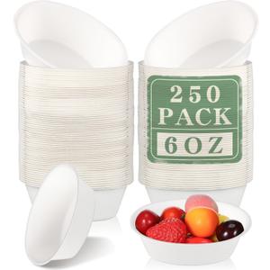 Dandat 6 oz Disposable Paper Bowls Bulk Small Bagasse Dessert Bowls for Ice Cream Soup Salad Pasta Party Supplies Picnic Banquet Barbecues Pet Food(White,250 Pcs)