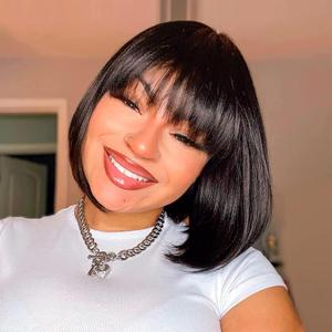 ToyoTress Blunt Cut Bob Wigs With Bangs - 14 Inch Shoulder Length Light Yaki Straight Hair Daily Costume Wig For Black Women, Soft Synthetic Hair Replacement Wigs Heat Resistant (14 Inch, #2)