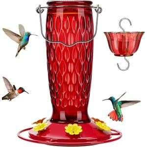 Kingsyard Hummingbird Feeders for Outdoors Hanging, 24 Ounce, Glass Hummingbird Feeder with Ant Moat & 6 Bee Guard Feeding Ports, Leak-Proof, Red