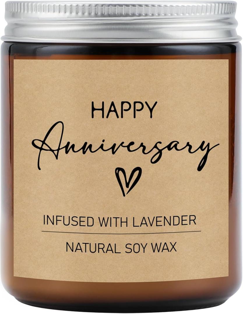 Happy Anniversary Candle Gifts, Gift for Couple Anniversary, Romantic Gifts for Her, Him, Girlfriend, Boyfriend, Wife, Husband, 7oz Soy Wax Lavender Scented Candle, Aniversario Gift for Her