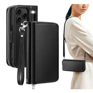 OCASE for iPhone 17 Pro Crossbody Wallet Case  Stylish PU Leather Handbag Phone Purse with Zipper Closure, Card Slots & RFID Blocking  Wrist Strap, Lanyard, Kickstand  Black