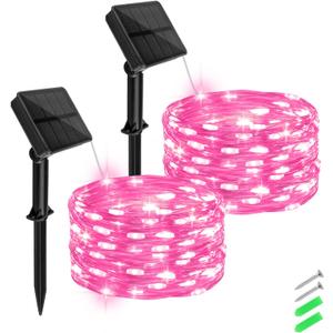 Solar Fairy Lights Pink Outdoor Waterproof,16.4ft 50LED Solar String Lights Pink for Outside 8 Modes 2 Packs for Girls Patio Backyard Garden Deorations Pink