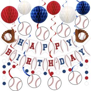 Baseball Party Decorations Happy Birthday Banner Baseballs Honeycomb Balls Hanging Swirls Circle Dot Garland for Baseball Sports Themed Birthday Party Decorations