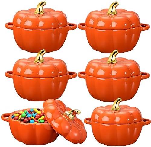 Yaomiao 6 Pcs Pumpkin Ceramic Bowl 15 oz Pumpkin Soup Bowl Pumpkin Shape Storage Jar with Lid and Handles for Home Halloween Party Kitchen Tableware(Orange)