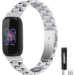 Metal Bands Compatible for Fitbit Inspire 3 for Women & Men, Solid Stainless Steel Adjustable Strap Replacement Band for Inspire 3 Fitness Tracker (Silver)