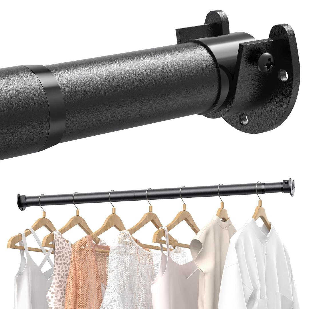 Closet Rods for Hanging Clothes, 17 to 54 Inch Stepless Adjustable Closet Rod, 1.3 Inch Diameter Metal Heavy Duty Closet Hanging Rod for Closet Wardrobes Laundry RV, Black