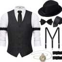 YESSA 1920s Mens Costume,1920 Mens Outfit,Roaring 20s Costumes for Men,1920s Hat Vest Pocket Watch Suspenders Tie (Black, L)