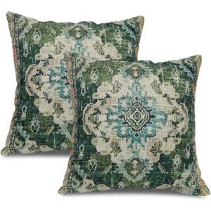 Linen Pillow Covers 18x18 Set of 2 - Boho Vintage Ethnic Carpet Rug Design Throw Pillows for Sofa, Bed, Chair Living Room Breathable Farmhouse Bohemian Decor Pillowcases(Emerald Green)