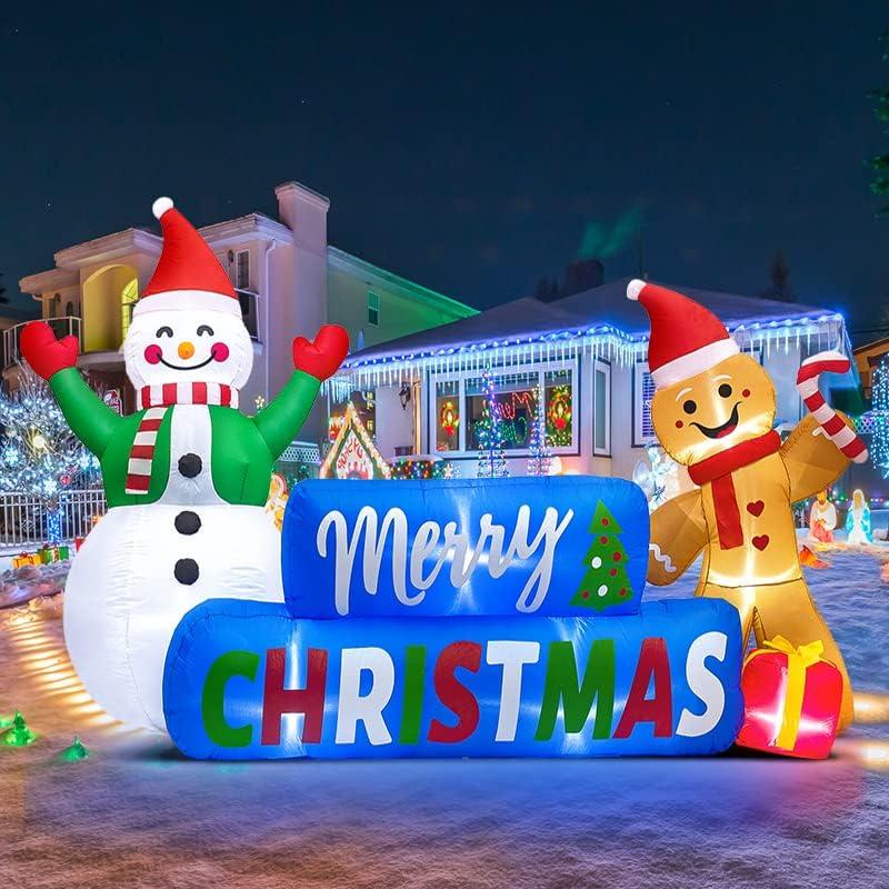 SIKADEER Christmas Banner Outdoor Inflatables Decorations 9FT Long with LED Lights, Happy Snowman Inflatable Gingerbread Man Gift Box Decoration Blow Ups Yard Holiday Xmas Party Decor